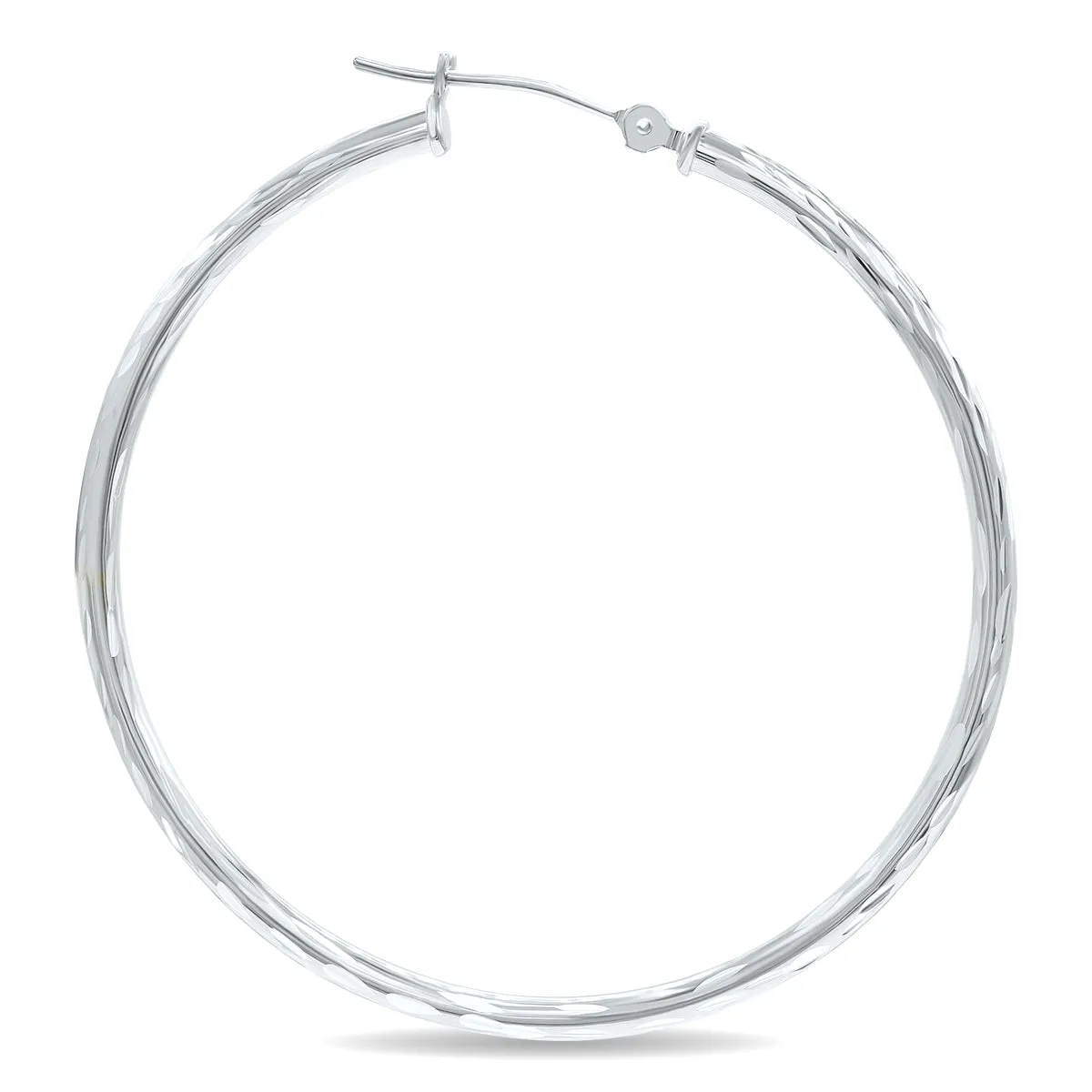 10K White Gold Shiny Diamond Cut Engraved Hoop Earrings (40Mm)