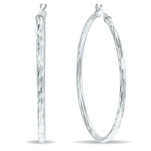 10K White Gold Shiny Diamond Cut Engraved Hoop Earrings (40Mm)
