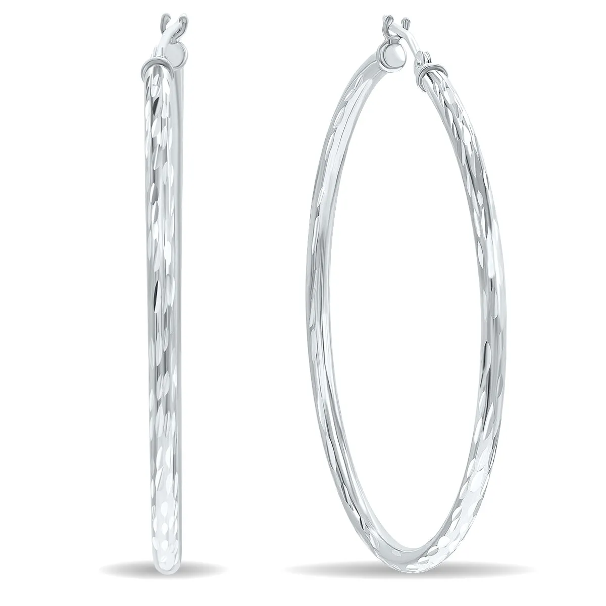 10K White Gold Shiny Diamond Cut Engraved Hoop Earrings (40Mm)
