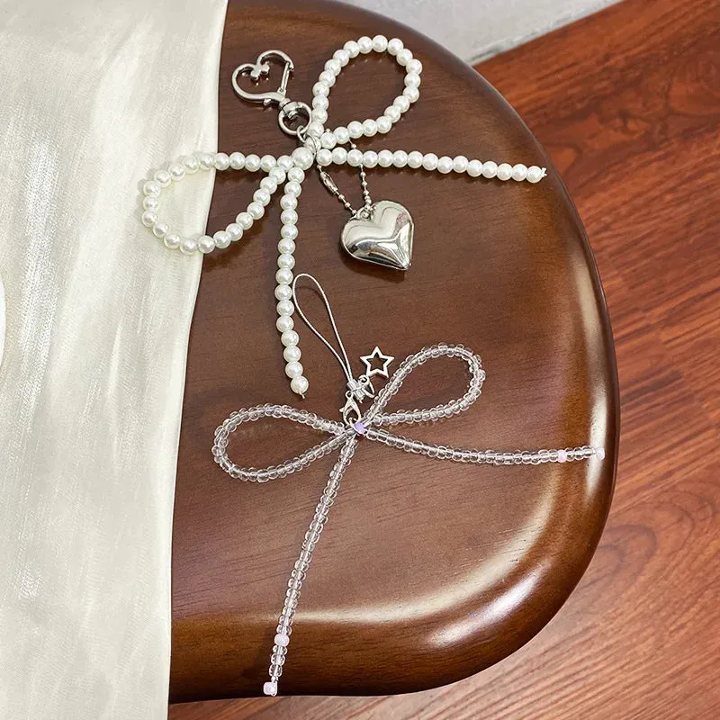 1/2pcs Pearl Bow Heart Shaped Keychain Backpacks Bowknot Heart Keyring Charm Backpack Pendant Friendship Gift for Bag and Phones