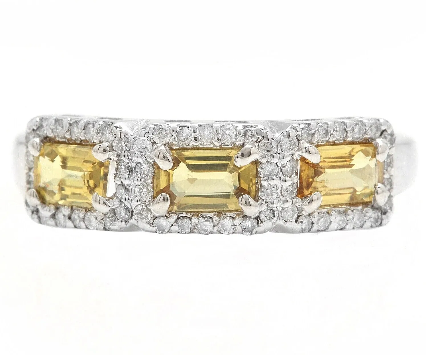 1.35 Carats Exquisite Natural Yellow Sapphire and Diamond 14K Solid White Gold Ring