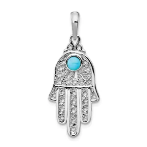 14k White Gold Polish Finish Synthetic Turquoise Stone Chamseh Pendant