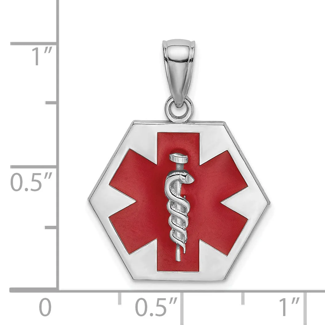 14K White Gold Textured Back Polished Finish Red Enameled Finish Caduceus Medical Disc Charm Pendant