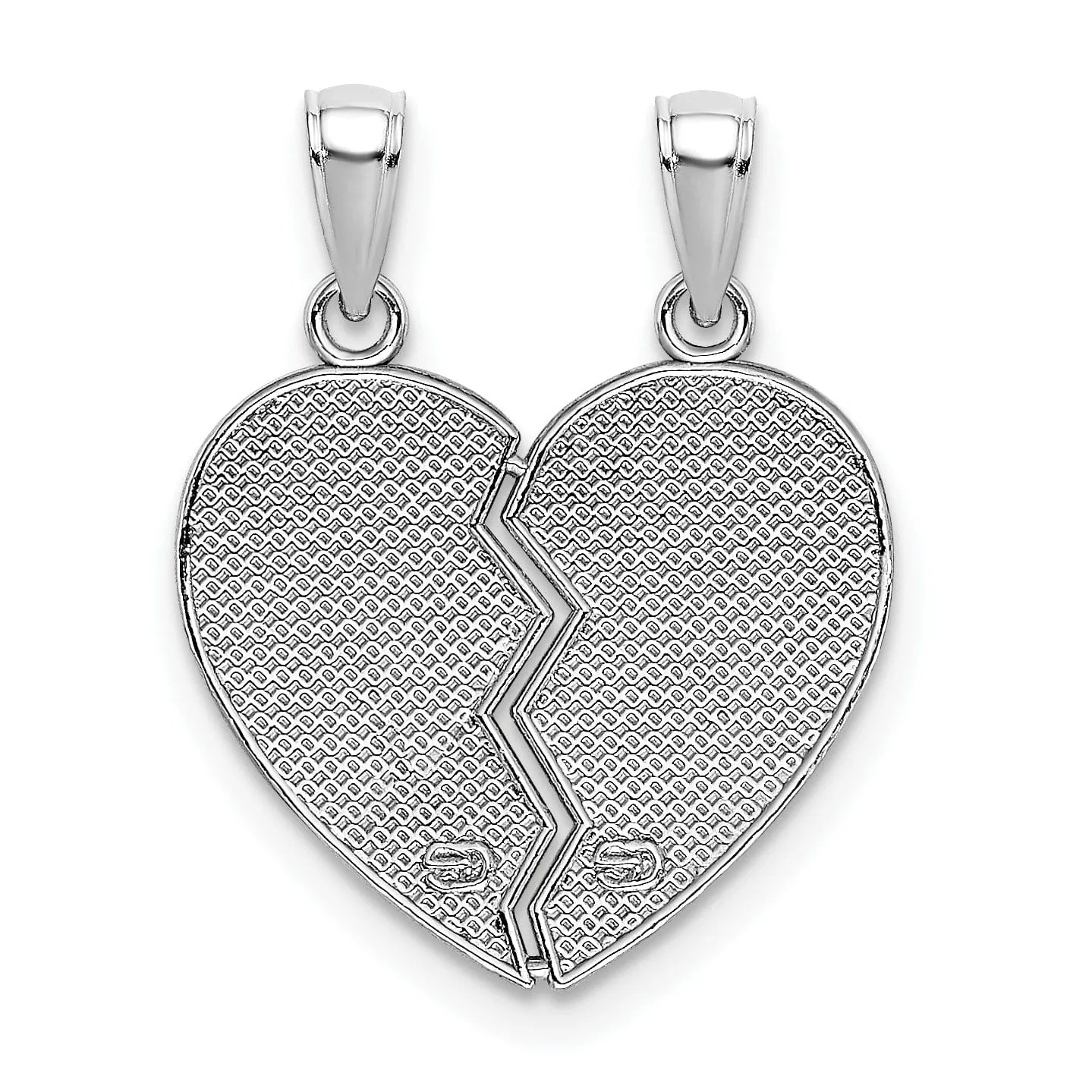 14K White Gold Textured, Red, Green Enamel Finish BIG-LITTLE SISTER Break Apart Heart Charm Pendant