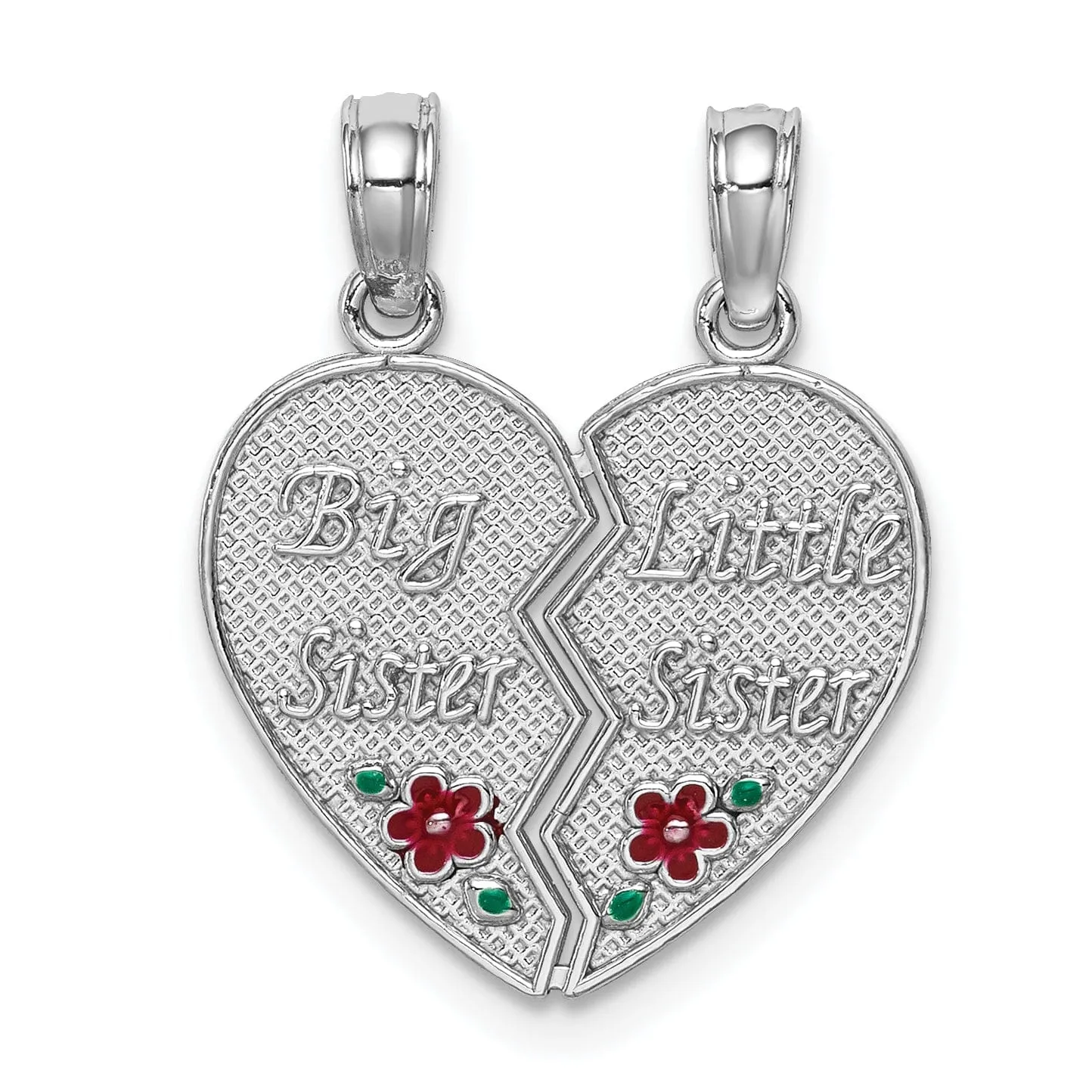 14K White Gold Textured, Red, Green Enamel Finish BIG-LITTLE SISTER Break Apart Heart Charm Pendant