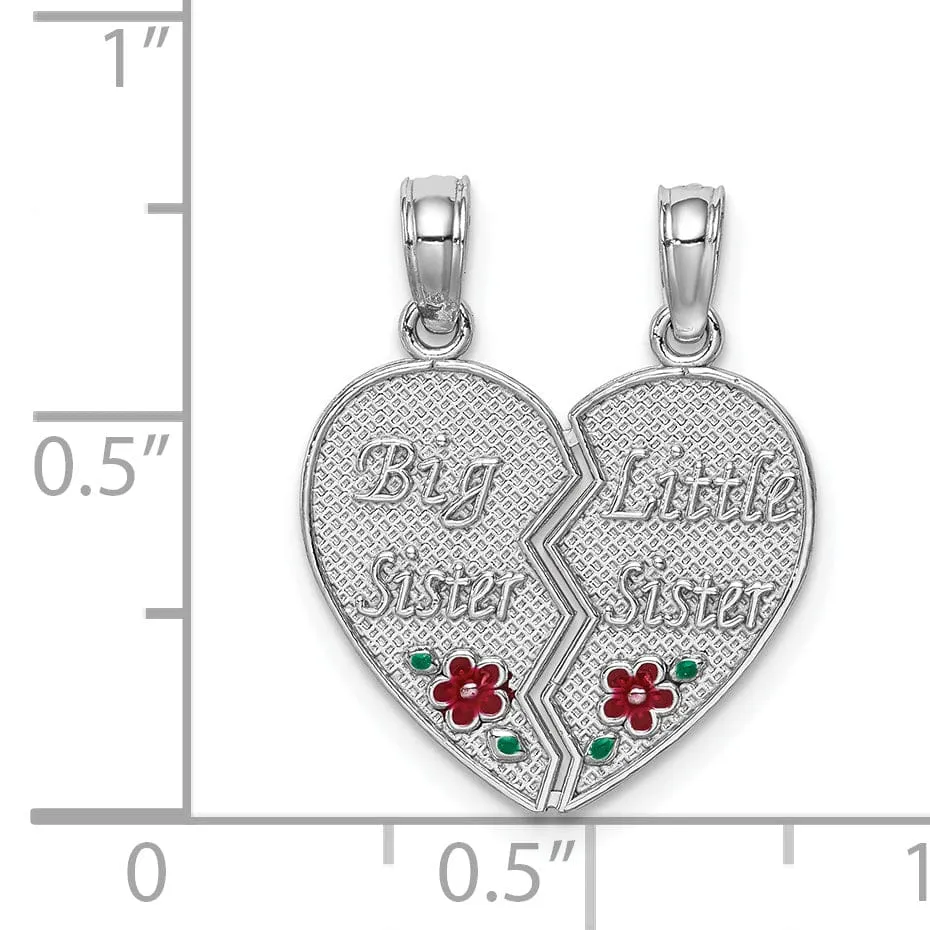 14K White Gold Textured, Red, Green Enamel Finish BIG-LITTLE SISTER Break Apart Heart Charm Pendant
