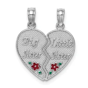 14K White Gold Textured, Red, Green Enamel Finish BIG-LITTLE SISTER Break Apart Heart Charm Pendant