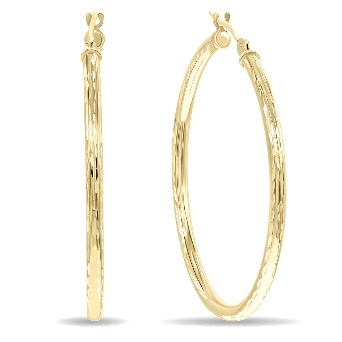 14K Yellow Gold Shiny Diamond Cut Engraved Hoop Earrings 35Mm