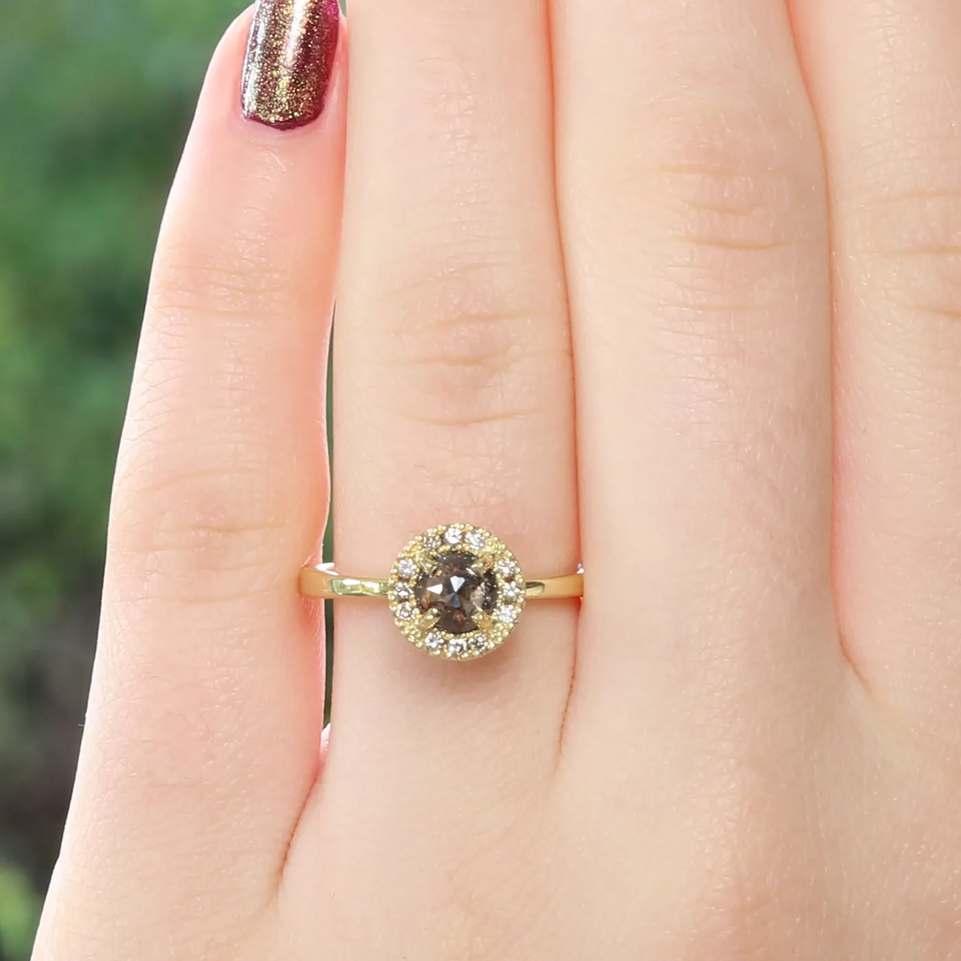 18ct Gold Cognac and Champagne Diamond Halo Ring