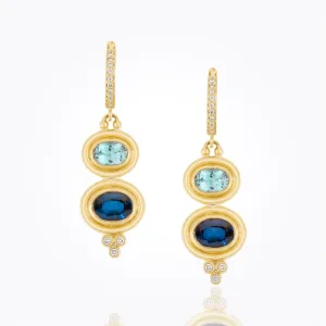 18K Double Drop Earrings with faceted oval aquamarine, blue sapphire and diamond