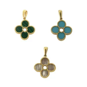 18K Solid Yellow Gold Gemstones Clover Hand Made Pendants