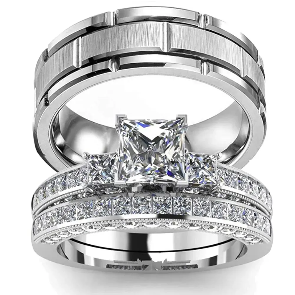 2023 Couple Rings Women Exquisite Rhinestones Zirconia Rings Set Simple Stainless Steel Men Ring Fashion Jewelry For Lover Gifts