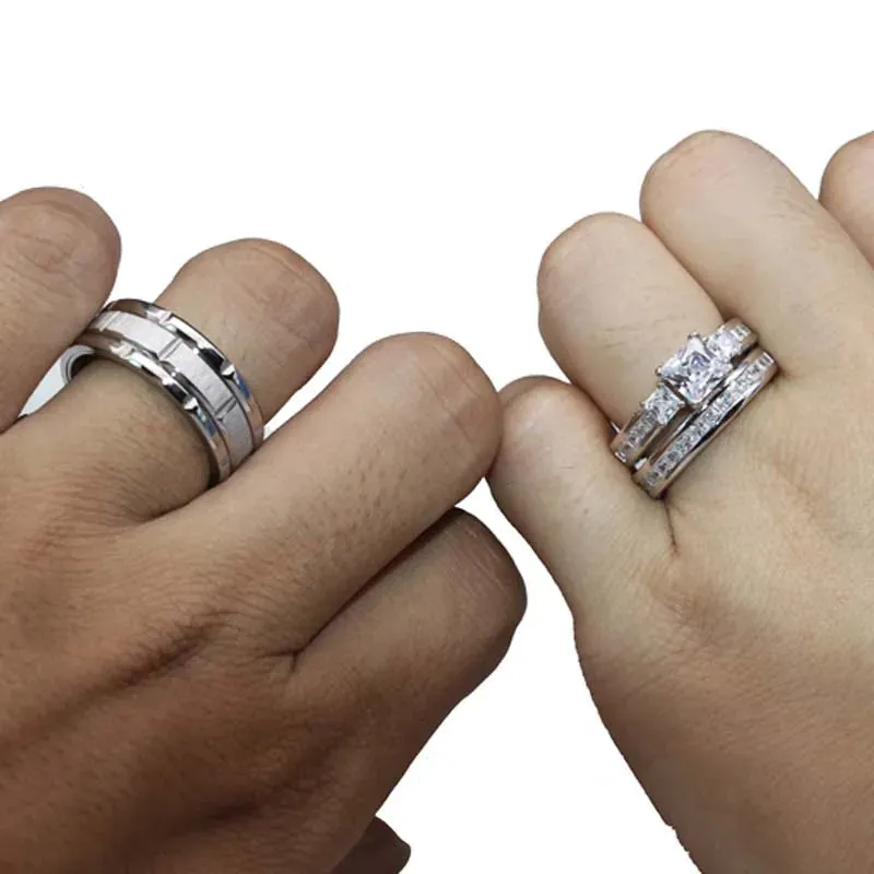 2023 Couple Rings Women Exquisite Rhinestones Zirconia Rings Set Simple Stainless Steel Men Ring Fashion Jewelry For Lover Gifts