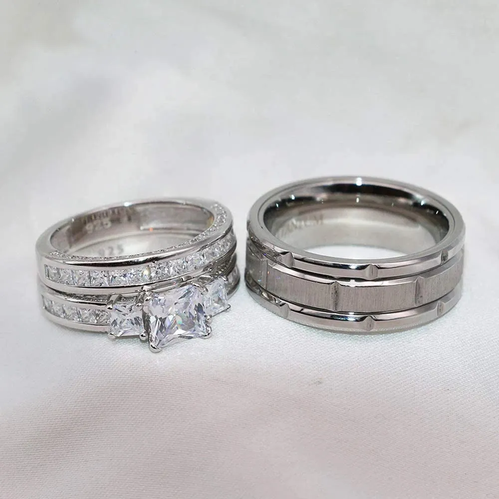 2023 Couple Rings Women Exquisite Rhinestones Zirconia Rings Set Simple Stainless Steel Men Ring Fashion Jewelry For Lover Gifts