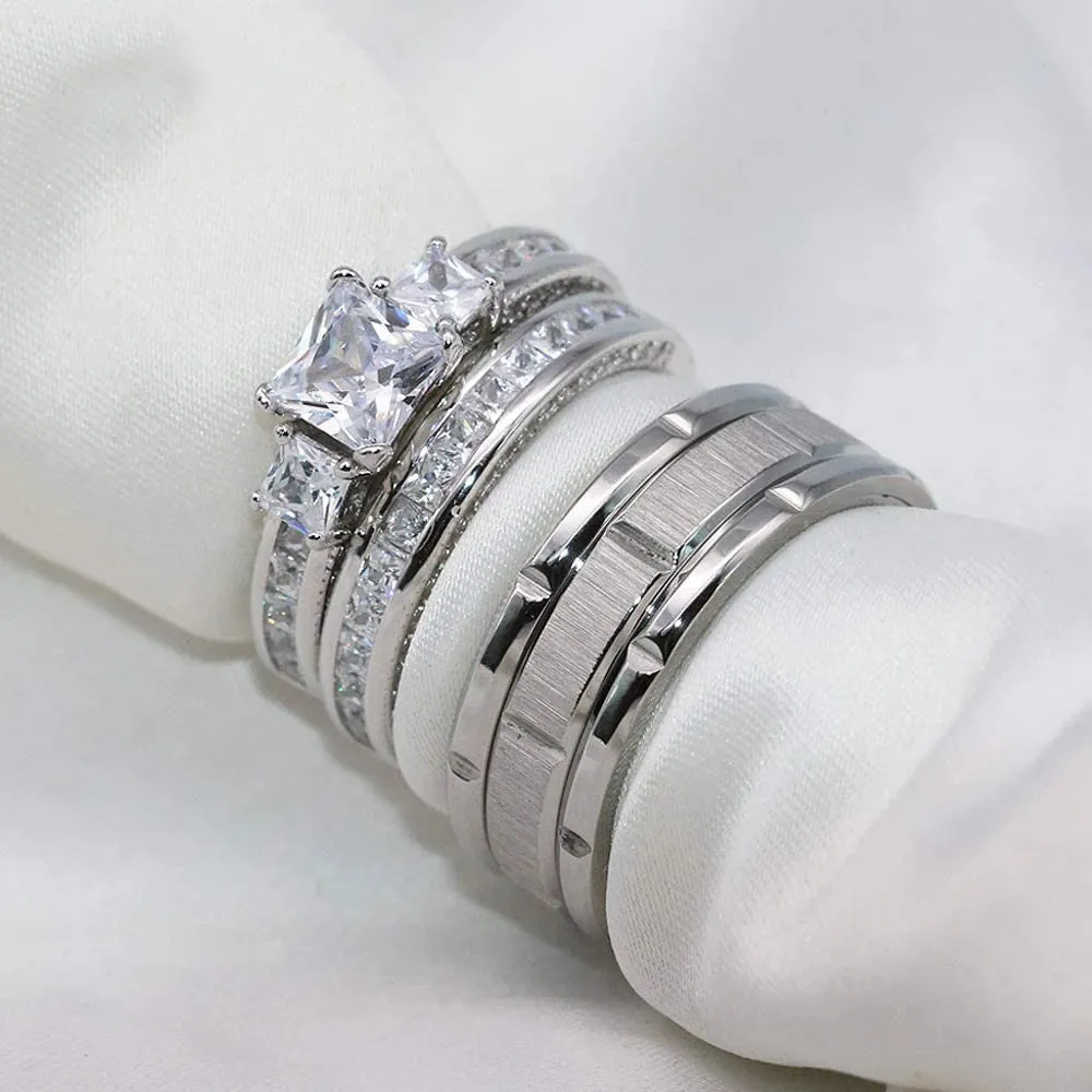 2023 Couple Rings Women Exquisite Rhinestones Zirconia Rings Set Simple Stainless Steel Men Ring Fashion Jewelry For Lover Gifts