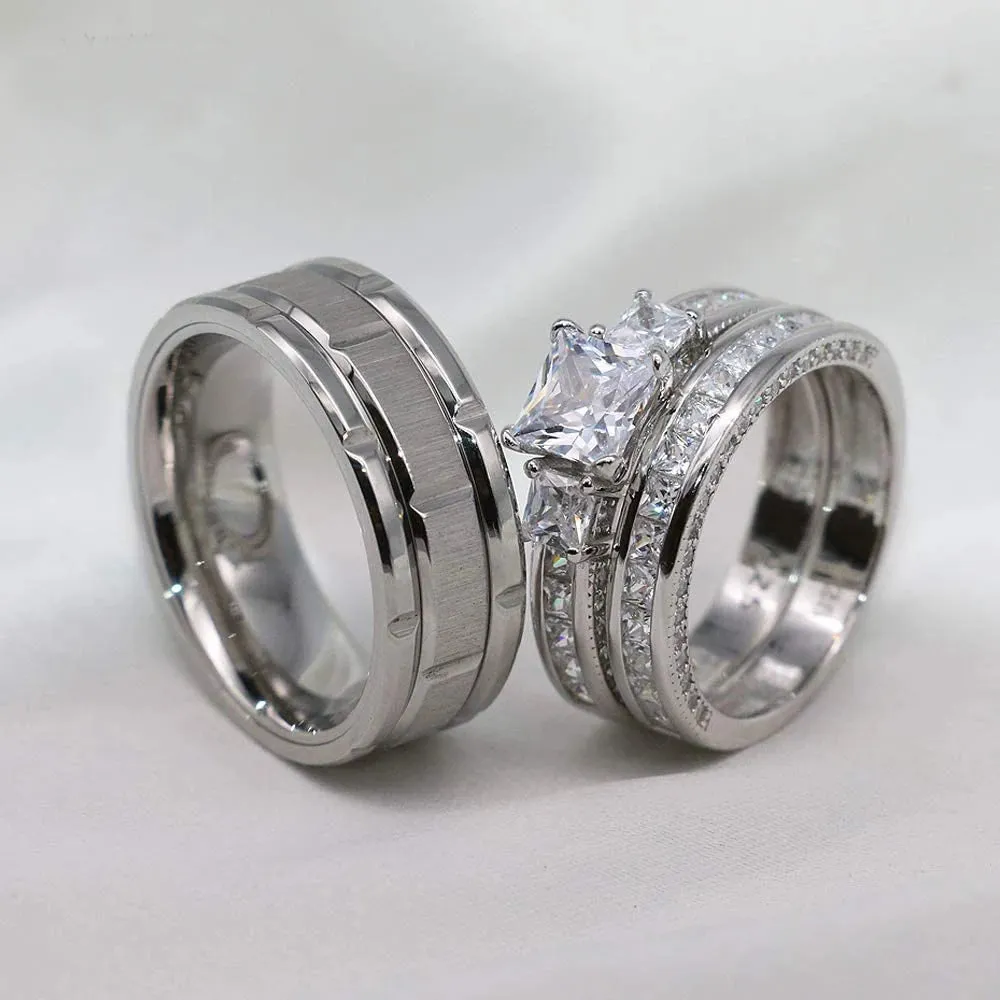 2023 Couple Rings Women Exquisite Rhinestones Zirconia Rings Set Simple Stainless Steel Men Ring Fashion Jewelry For Lover Gifts