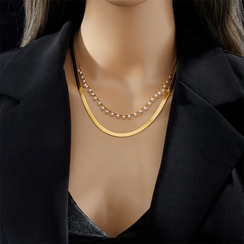 316L Stainless Steel 2in1 Chain Pearl Necklace For Women