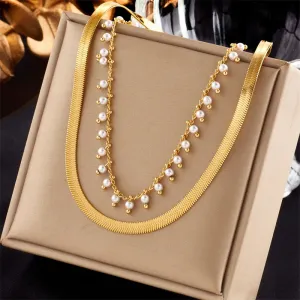 316L Stainless Steel 2in1 Chain Pearl Necklace For Women