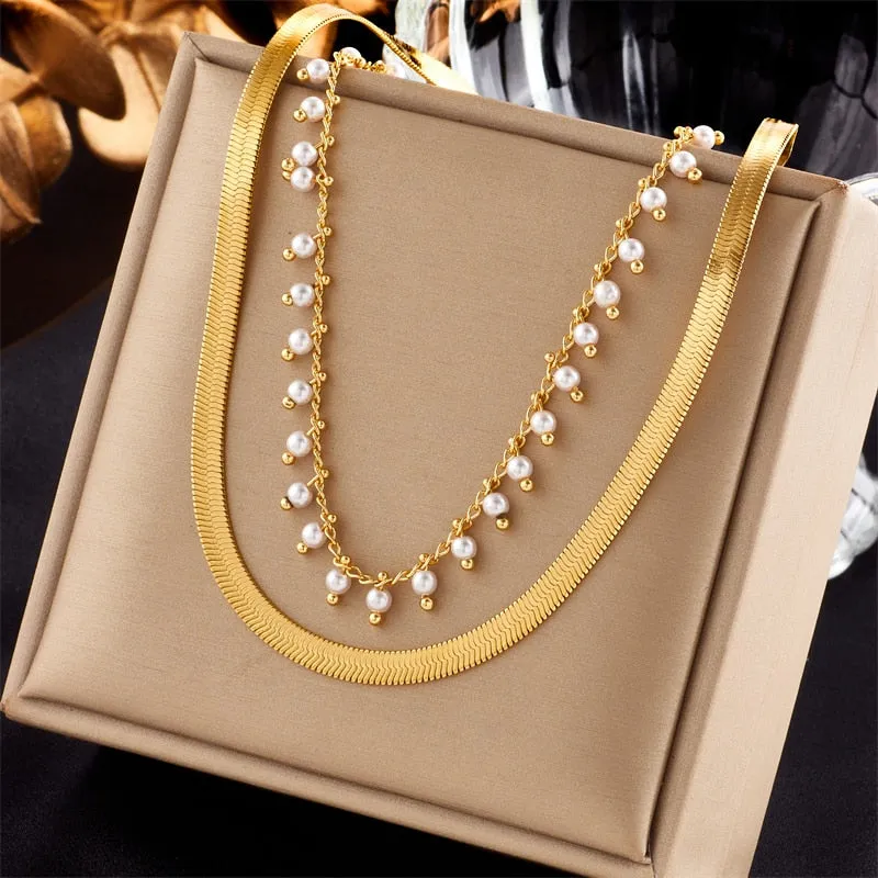 316L Stainless Steel 2in1 Chain Pearl Necklace For Women