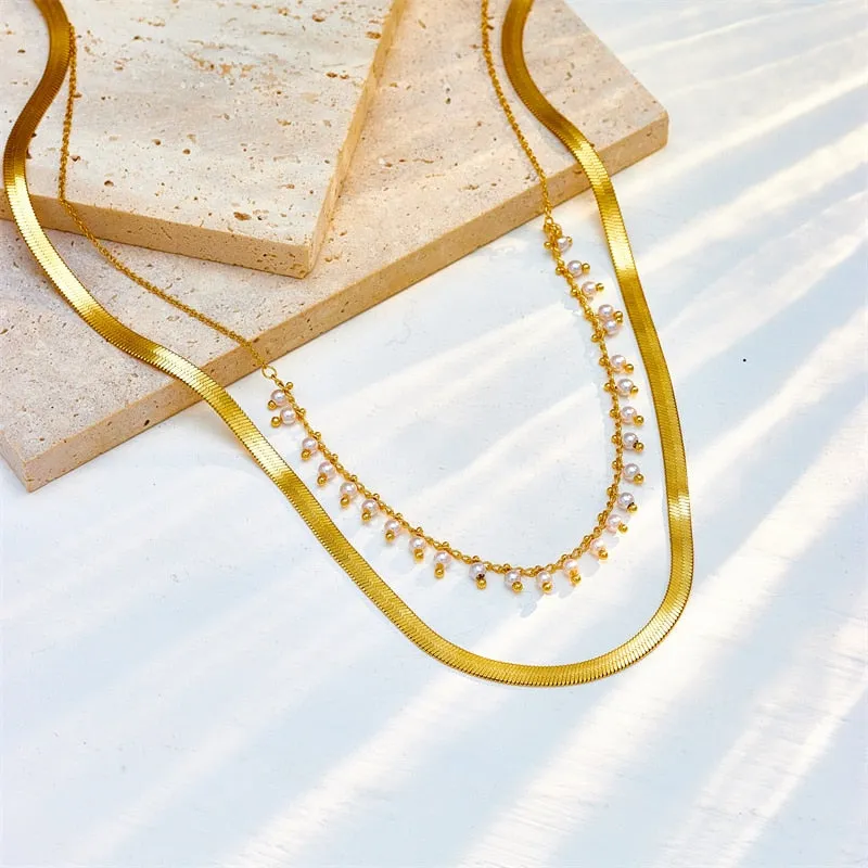 316L Stainless Steel 2in1 Chain Pearl Necklace For Women