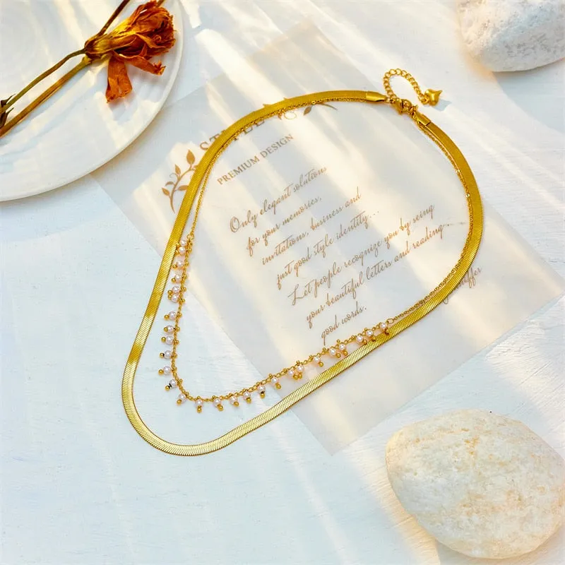 316L Stainless Steel 2in1 Chain Pearl Necklace For Women
