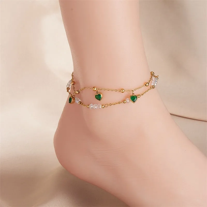 316L Stainless Steel Green Heart Zircon Anklets For Women