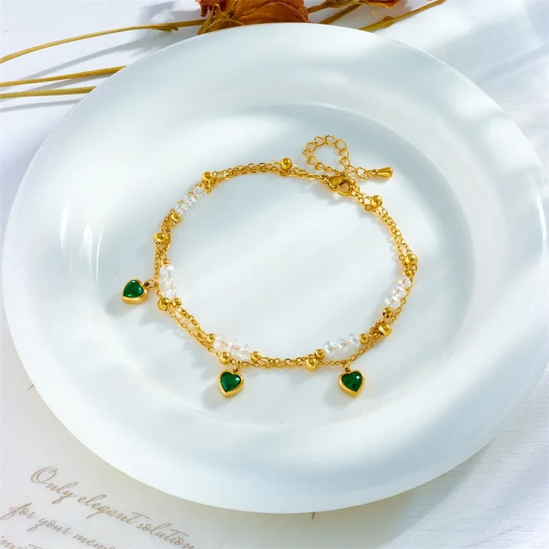 316L Stainless Steel Green Heart Zircon Anklets For Women