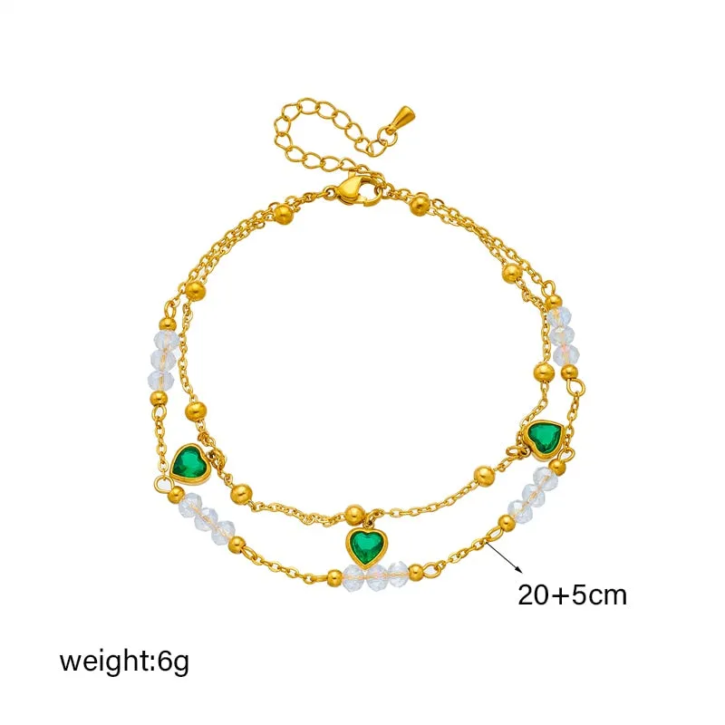 316L Stainless Steel Green Heart Zircon Anklets For Women
