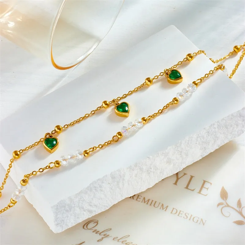 316L Stainless Steel Green Heart Zircon Anklets For Women