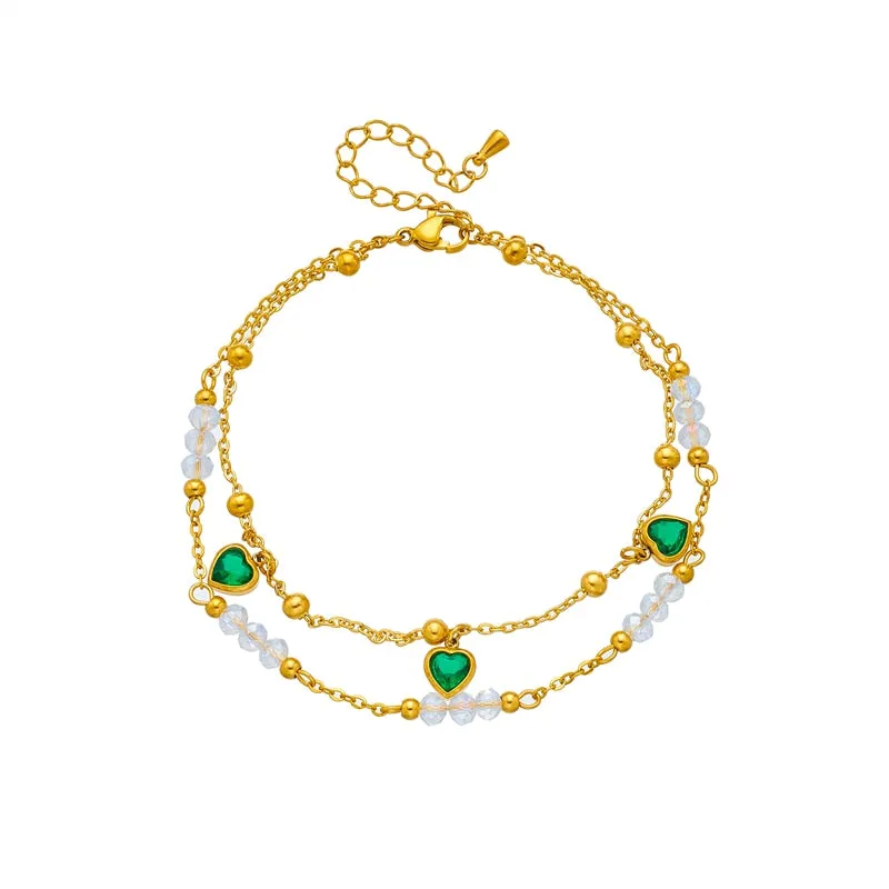 316L Stainless Steel Green Heart Zircon Anklets For Women