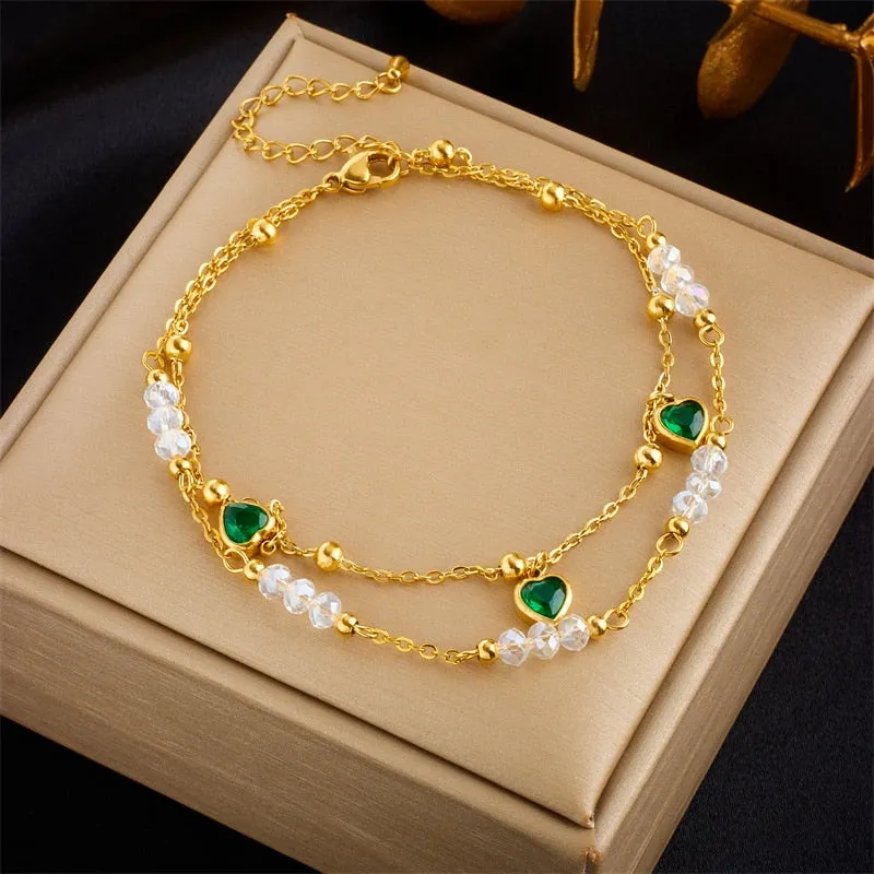 316L Stainless Steel Green Heart Zircon Anklets For Women