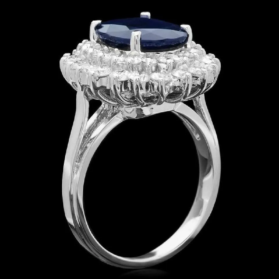 6.00 Carats Exquisite Natural Blue Sapphire and Diamond 14K Solid White Gold Ring