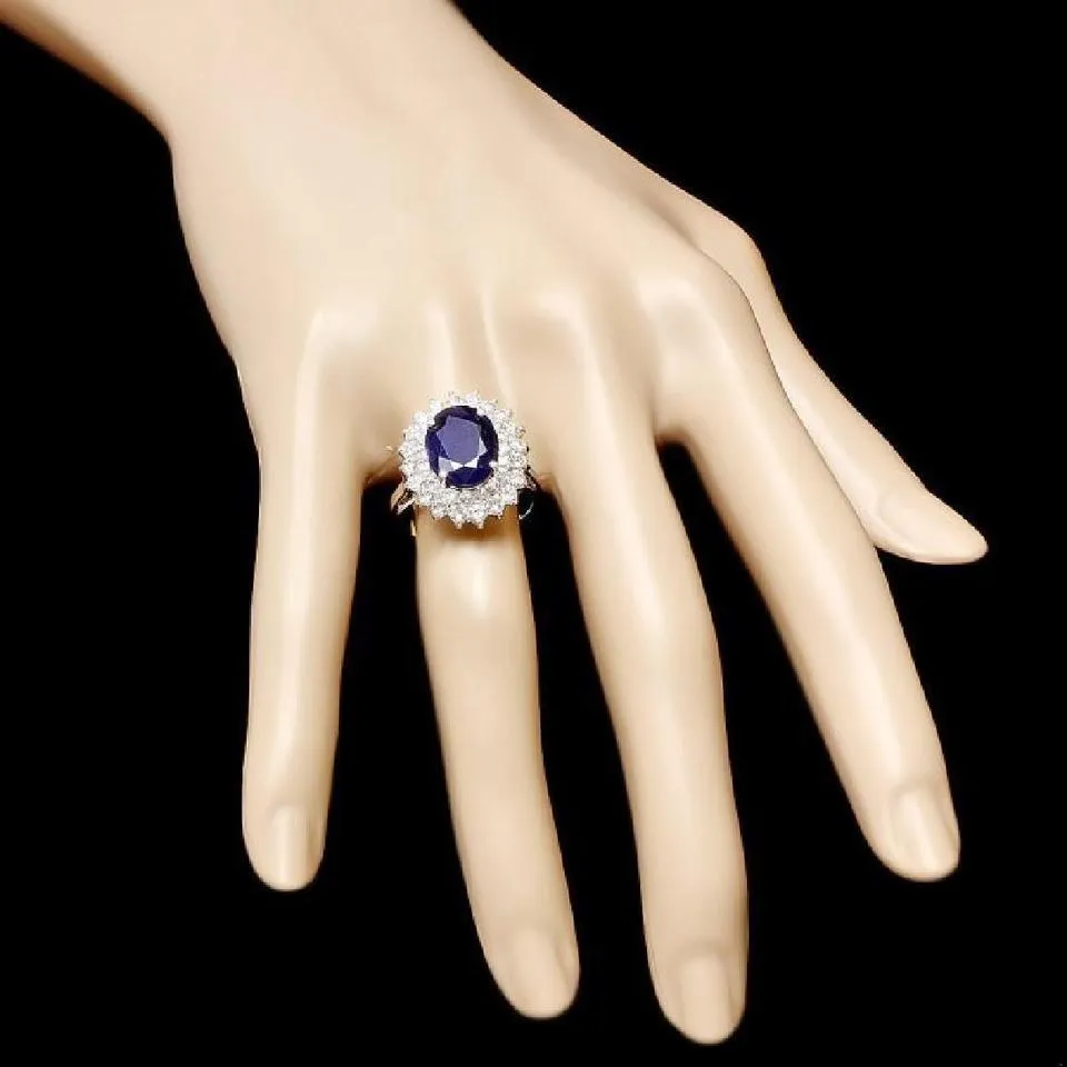6.00 Carats Exquisite Natural Blue Sapphire and Diamond 14K Solid White Gold Ring