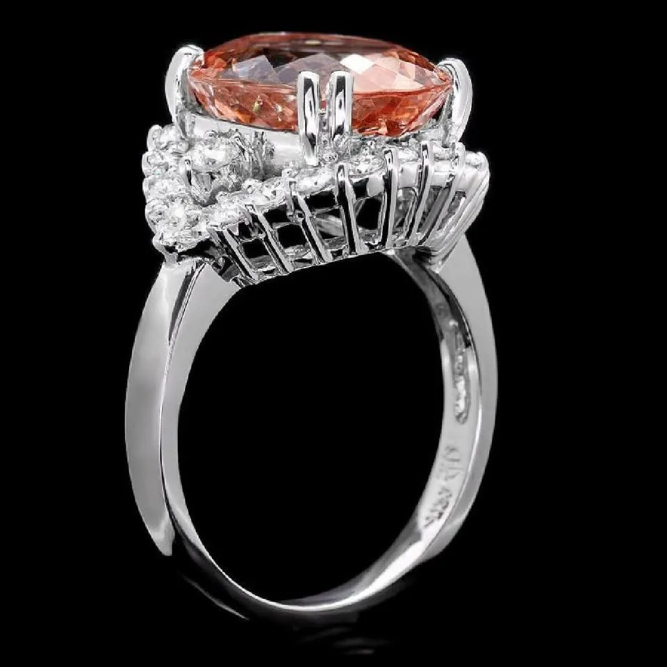 7.15 Carats Exquisite Natural Morganite and Diamond 14K Solid White Gold Ring
