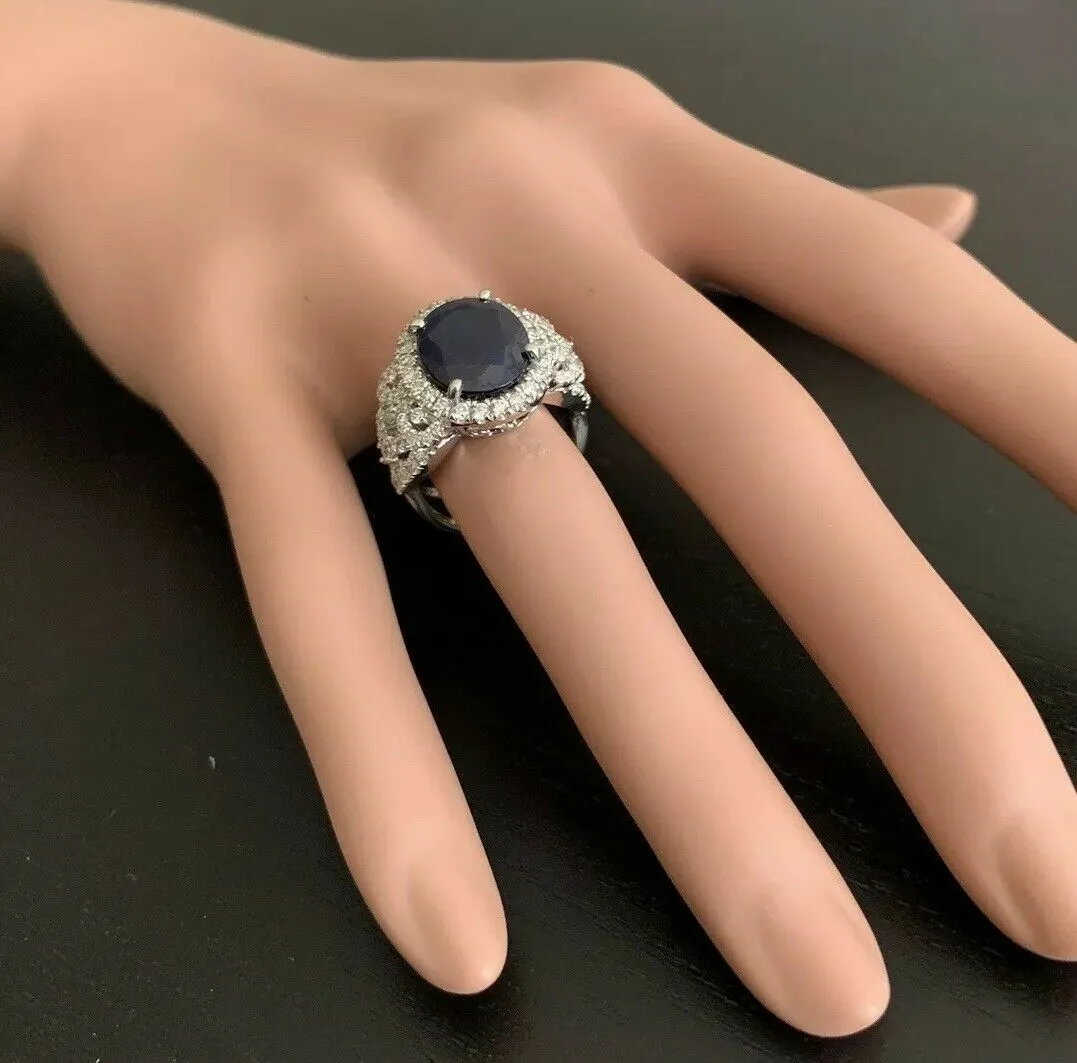 7.25 Carats Exquisite Natural Blue Sapphire and Diamond 14K Solid White Gold Ring