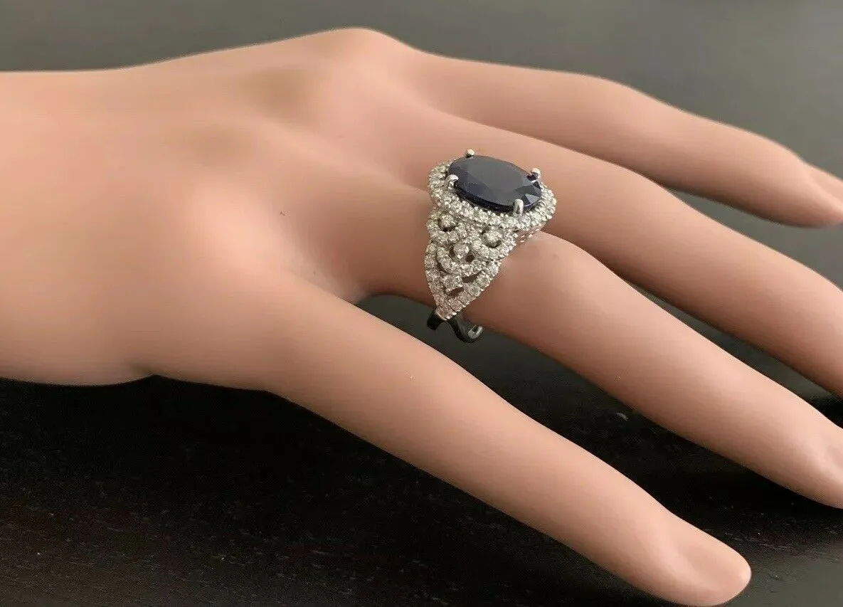 7.25 Carats Exquisite Natural Blue Sapphire and Diamond 14K Solid White Gold Ring