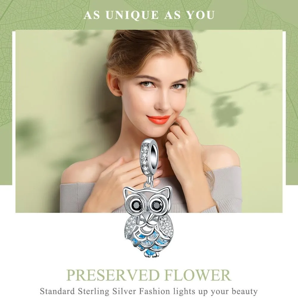 925 Sterling Silver Blue Zircon Owl Pendant For Diy Bracelets Movable Style - Pendant
