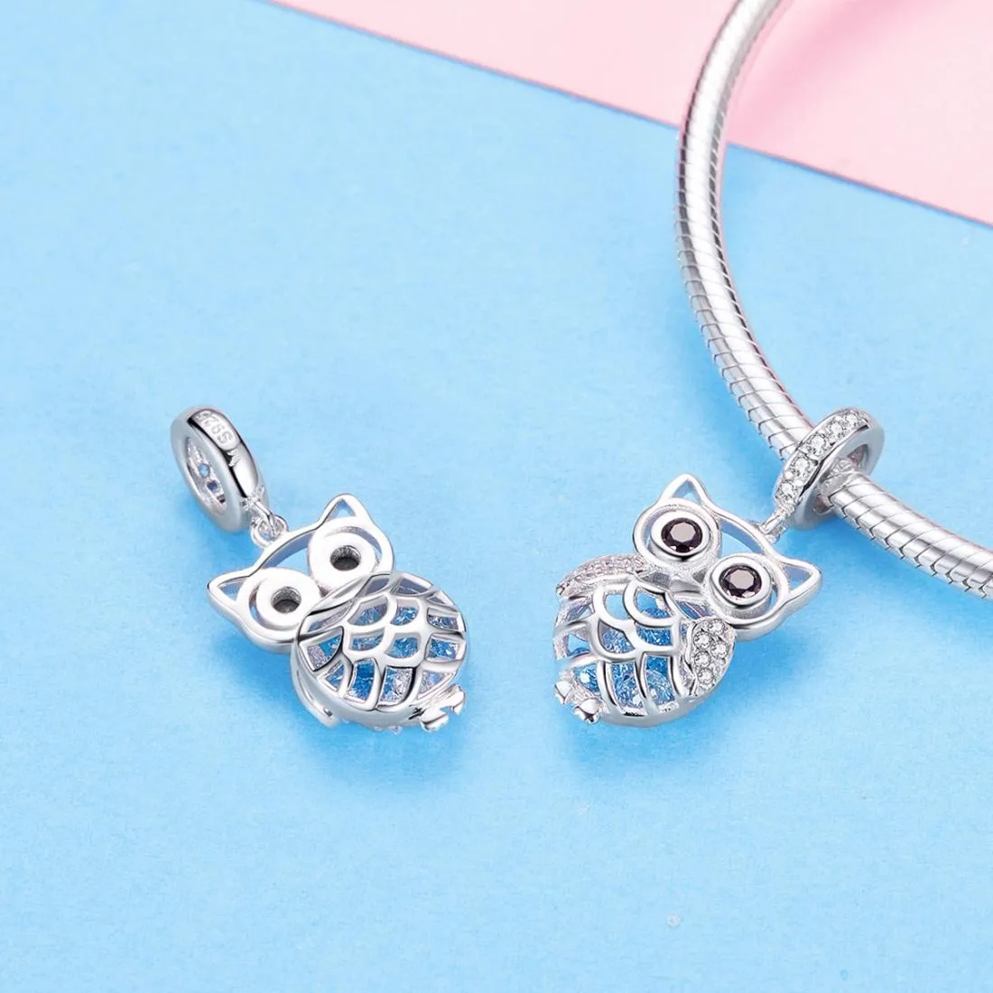 925 Sterling Silver Blue Zircon Owl Pendant For Diy Bracelets Style - Necklace   Pedndant