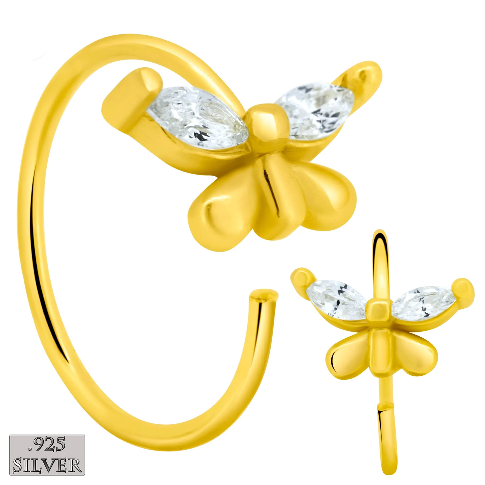 925 Sterling Silver Butterfly Design with Zircon Nose Hoops 22g Thick 8mm wide