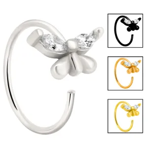 925 Sterling Silver Butterfly Design with Zircon Nose Hoops 22g Thick 8mm wide