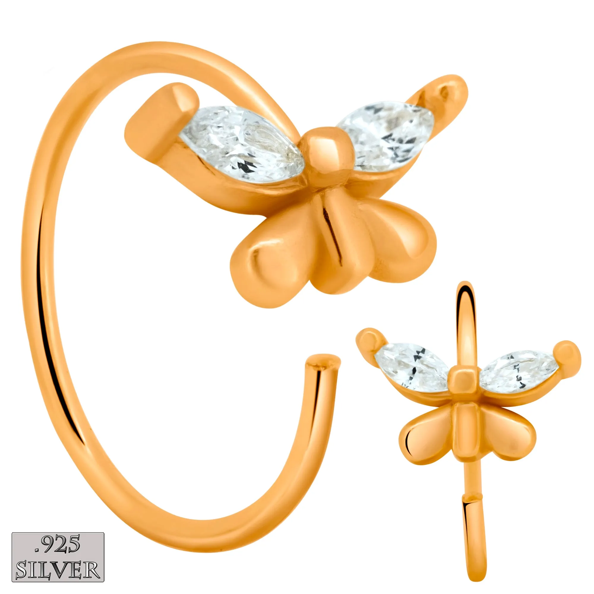 925 Sterling Silver Butterfly Design with Zircon Nose Hoops 22g Thick 8mm wide