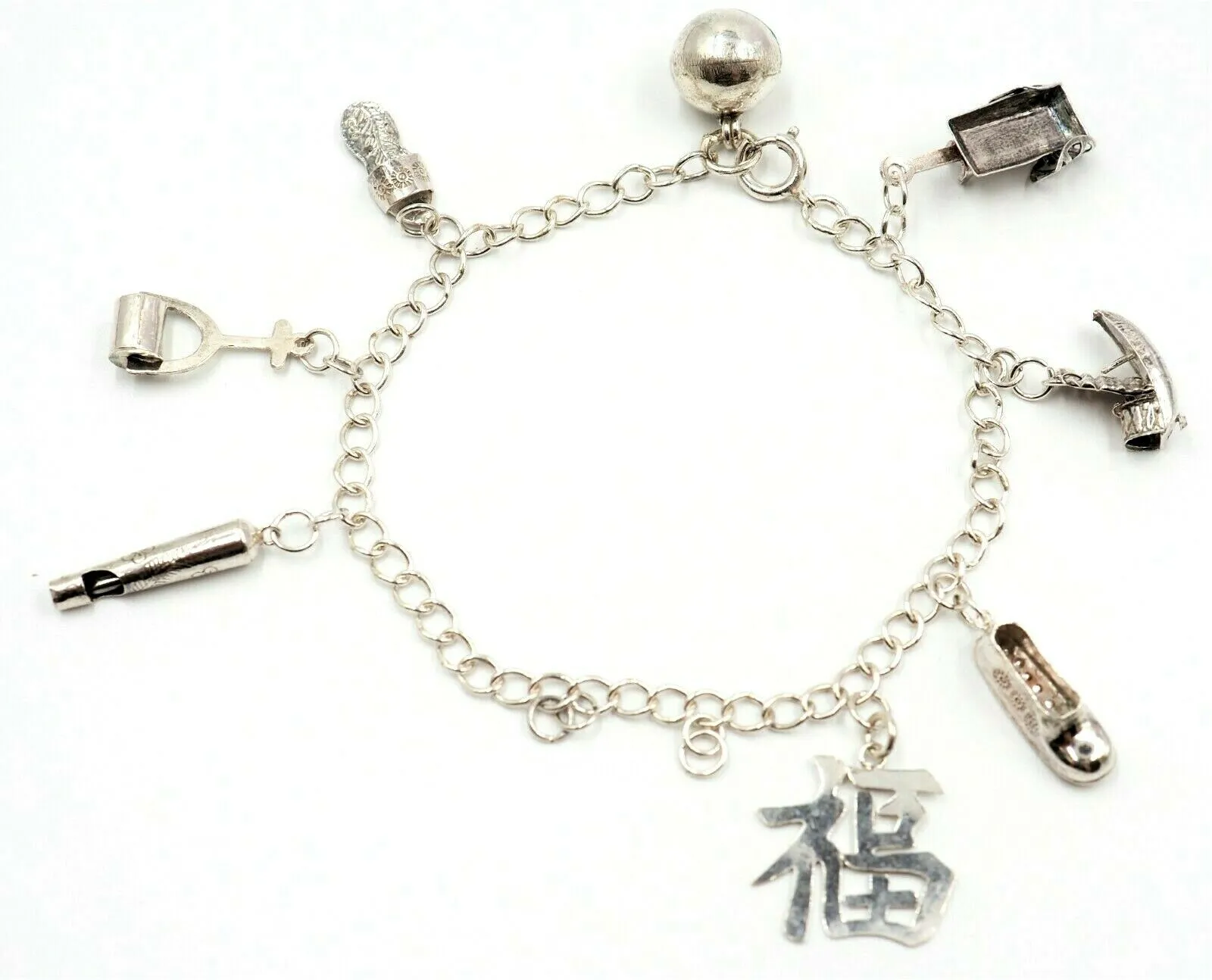 925 Sterling Silver Charm Bracelet with 8 Charms