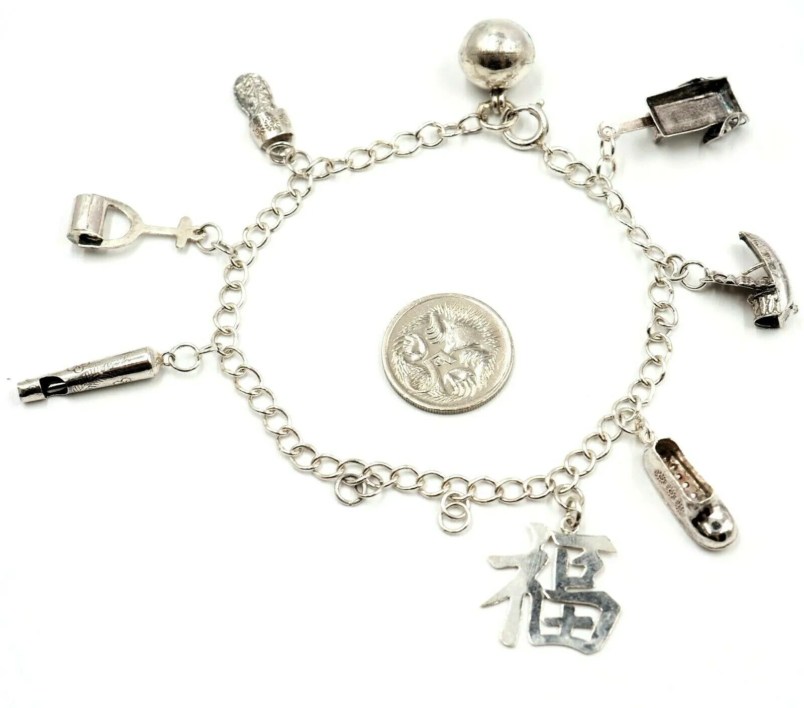925 Sterling Silver Charm Bracelet with 8 Charms