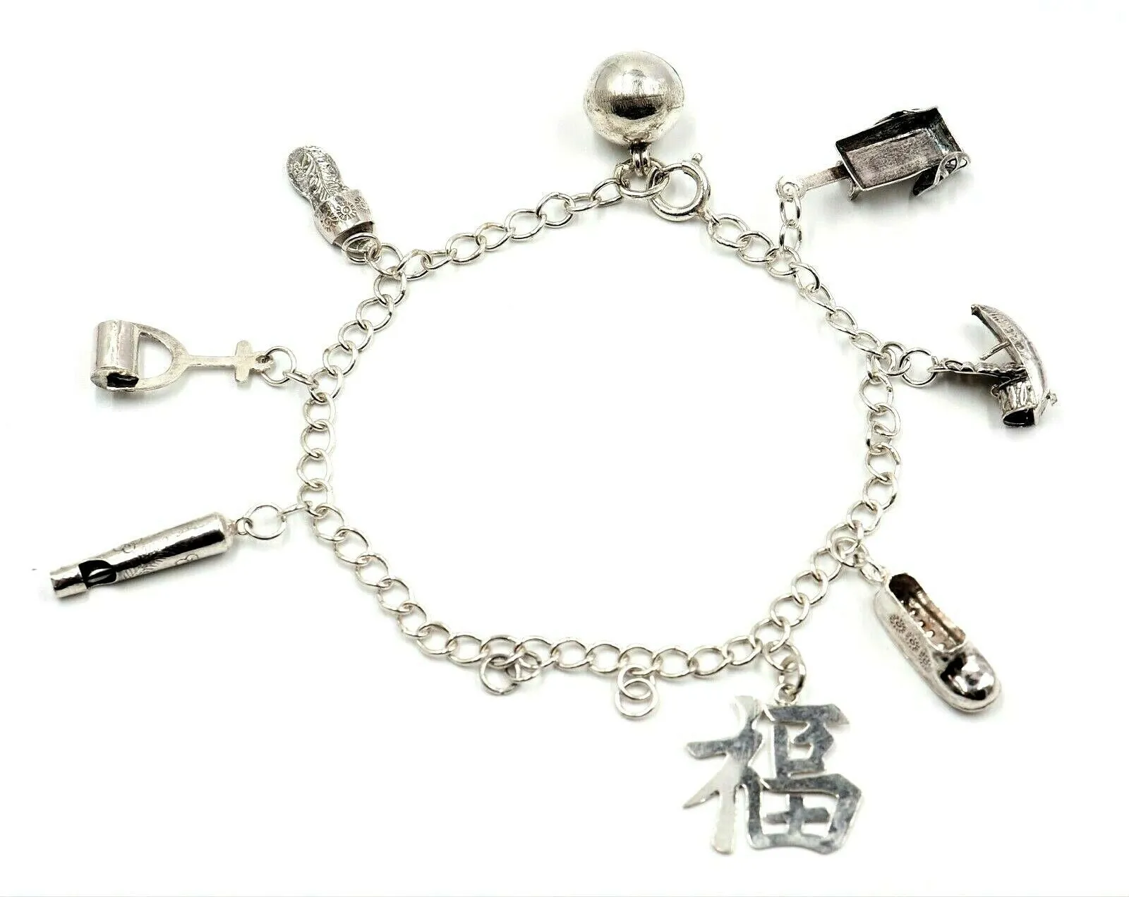 925 Sterling Silver Charm Bracelet with 8 Charms