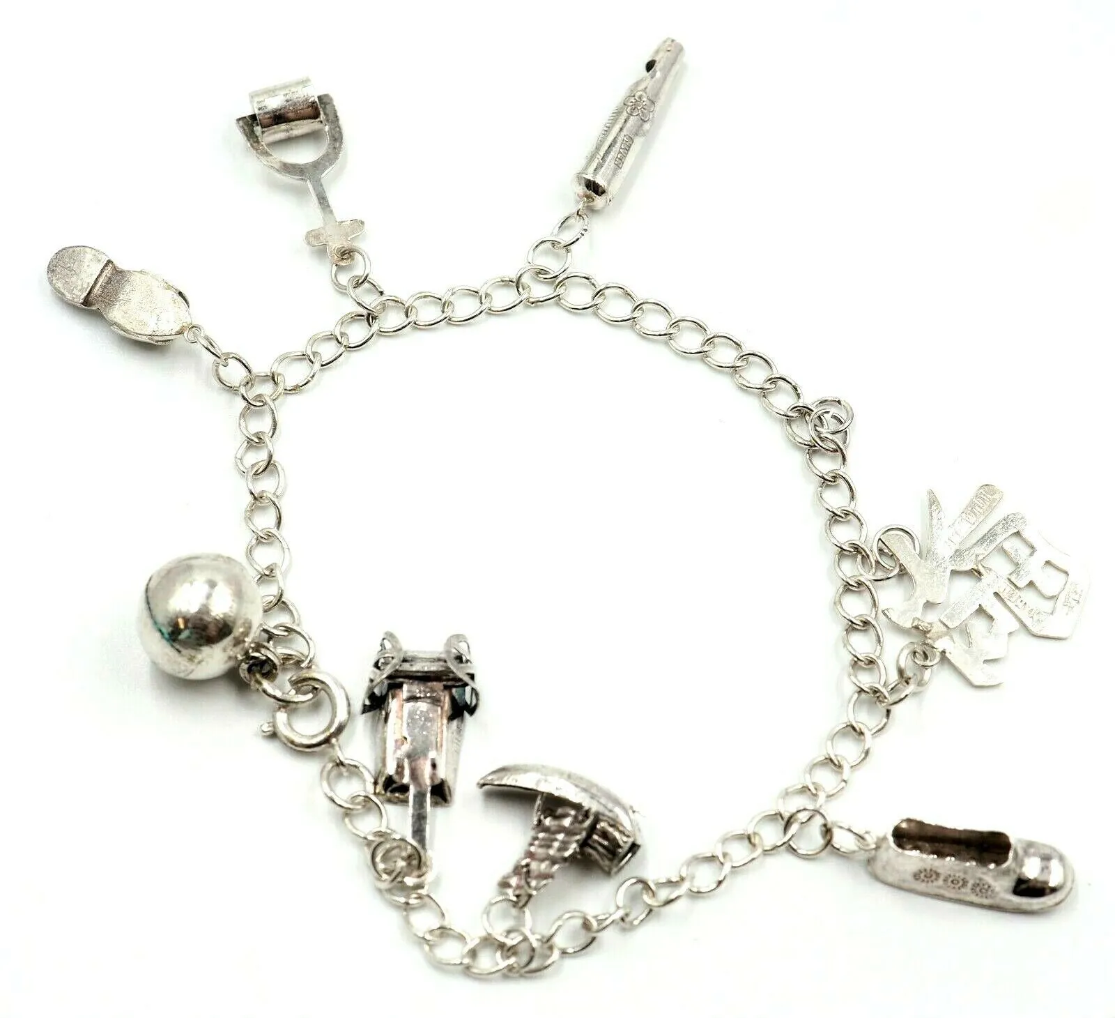 925 Sterling Silver Charm Bracelet with 8 Charms