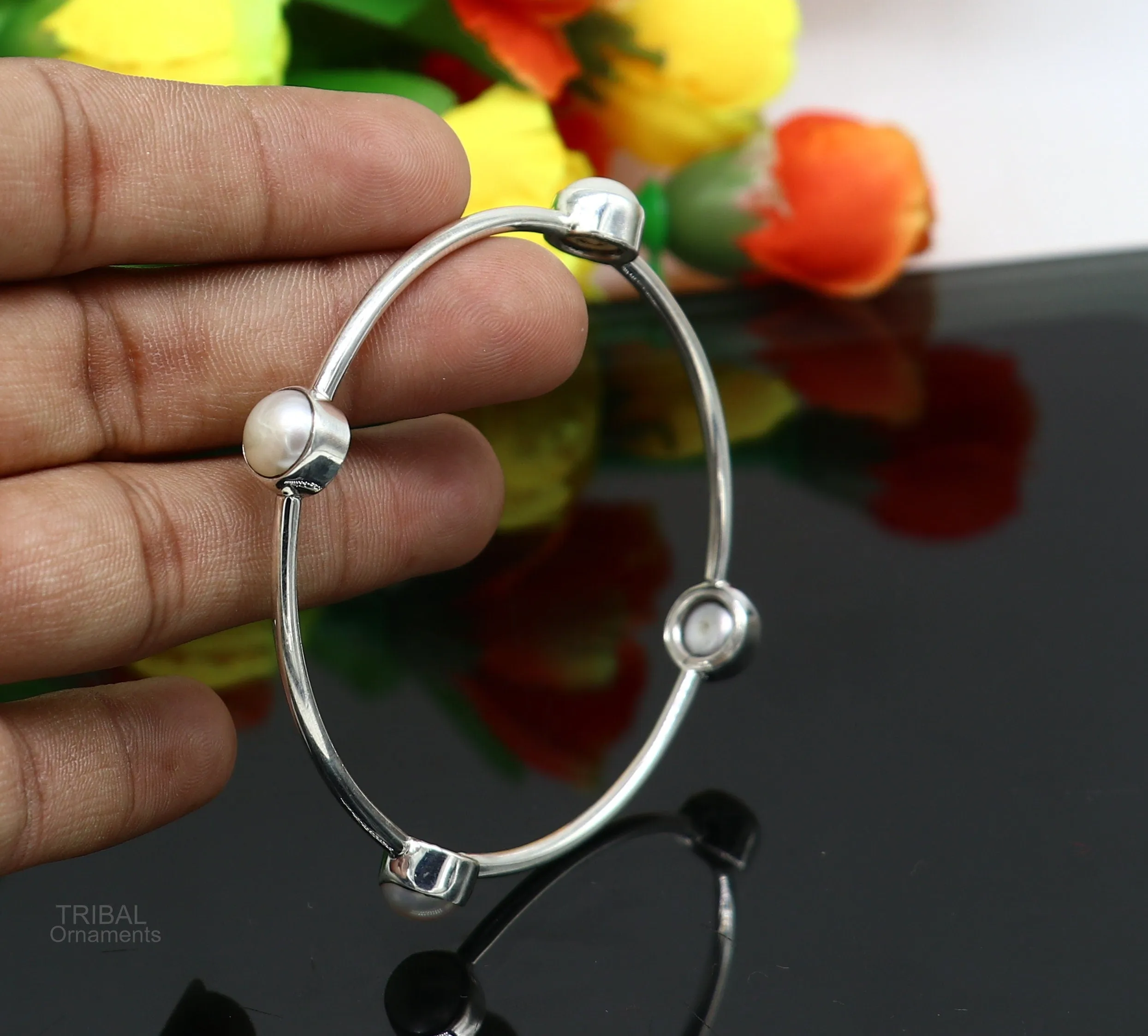 925 sterling silver handmade bangle kada, gorgeous fresh water pearl cultural stylish bangle kada excellent customized tribal jewelry nba366
