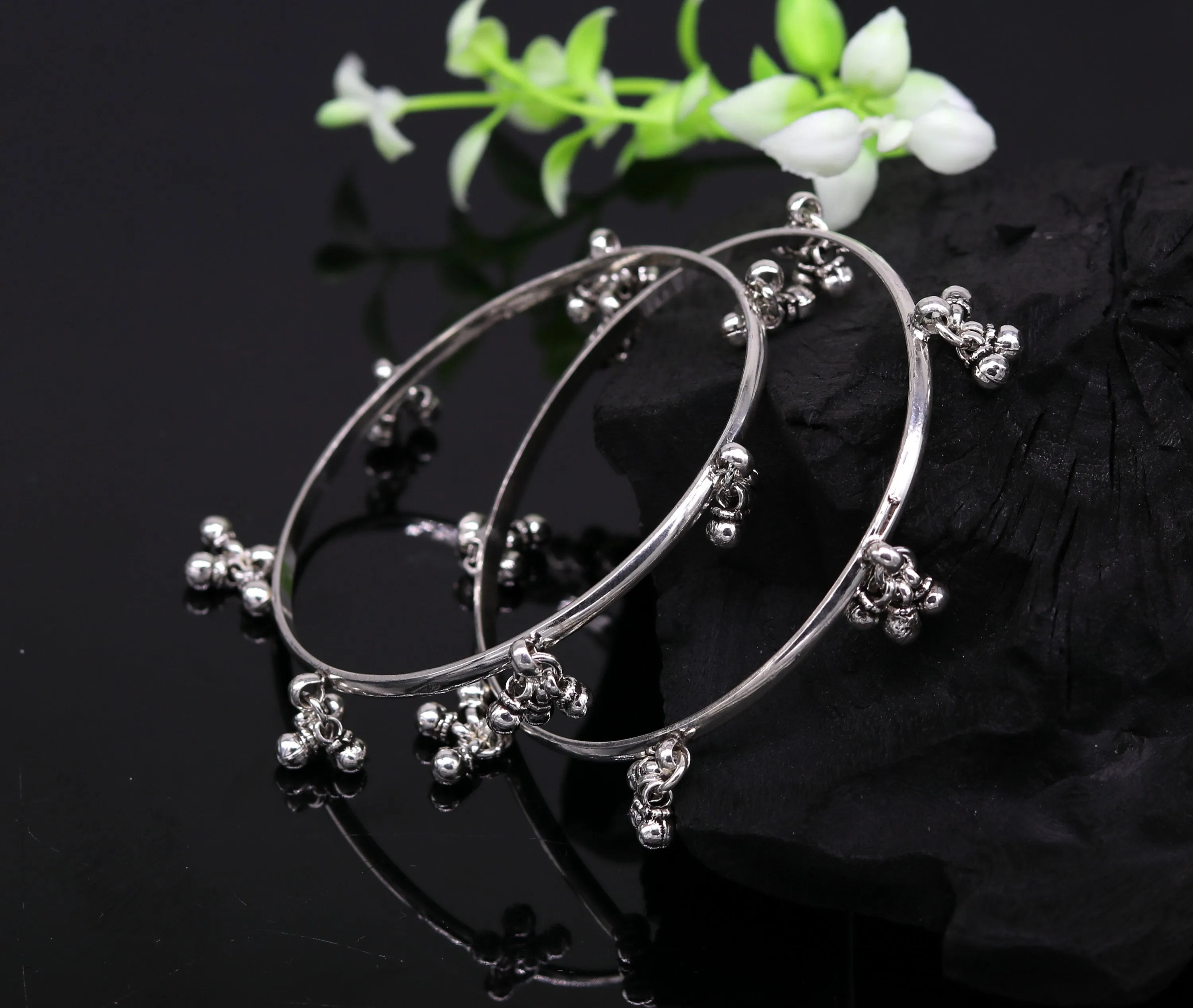 925 sterling silver handmade customized excellent hanging bells bridesmaid bangle bracelet kada , wedding personalized gifting jewelry ba91