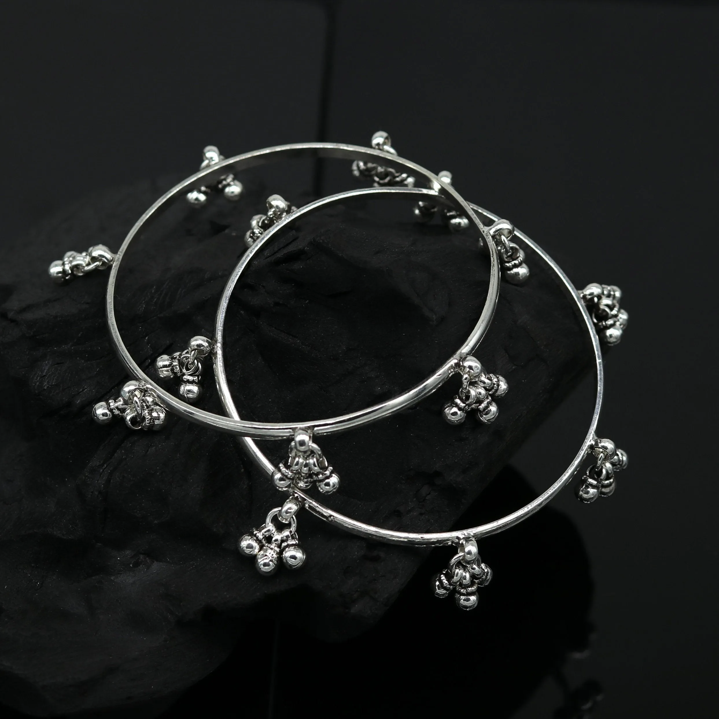 925 sterling silver handmade customized excellent hanging bells bridesmaid bangle bracelet kada , wedding personalized gifting jewelry ba91