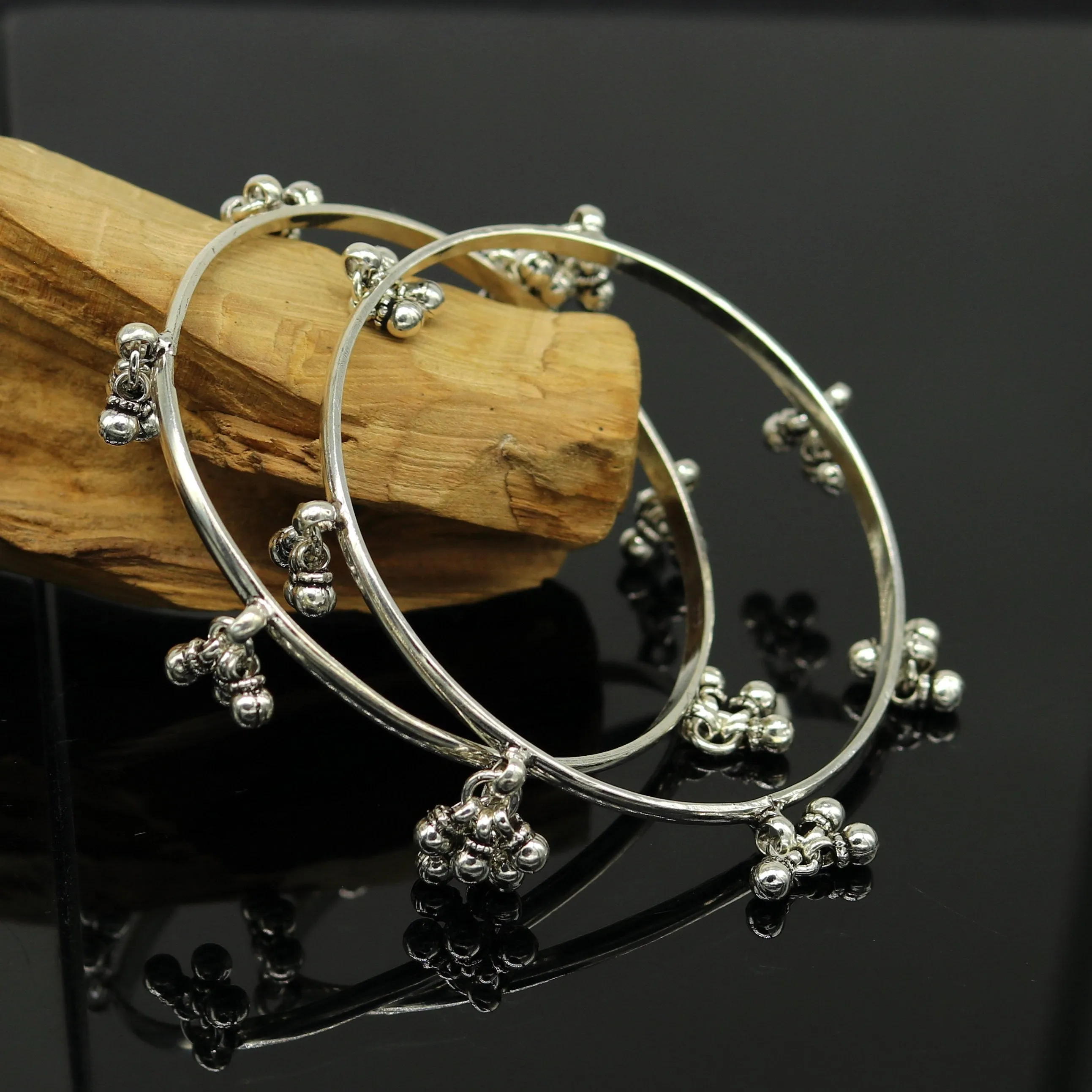 925 sterling silver handmade customized excellent hanging bells bridesmaid bangle bracelet kada , wedding personalized gifting jewelry ba91