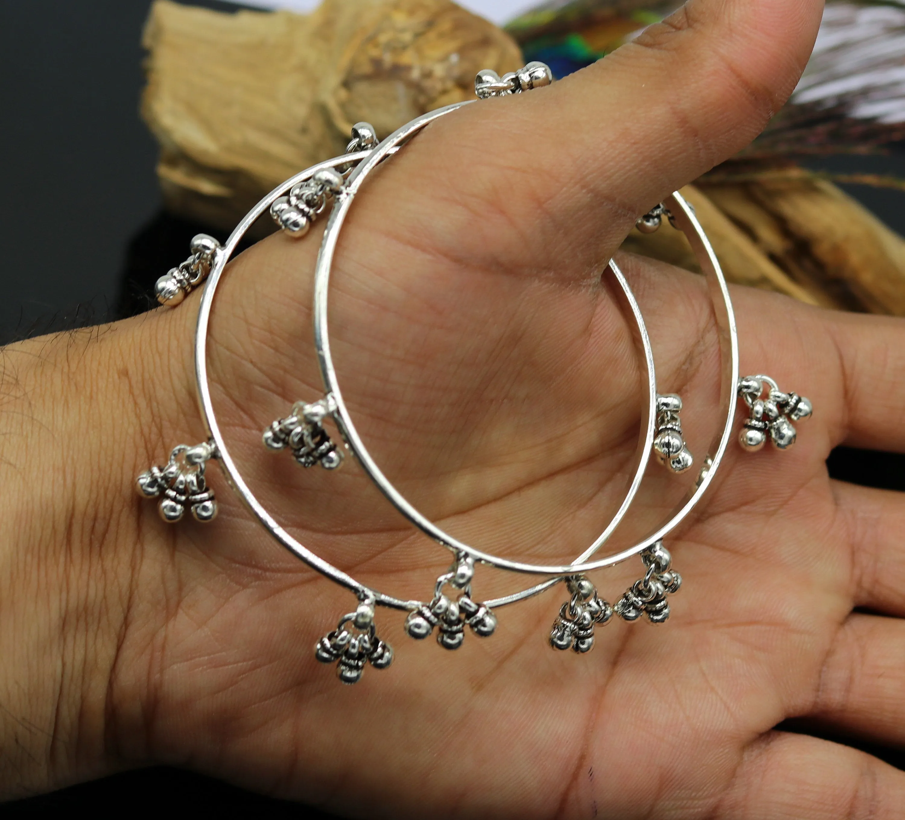 925 sterling silver handmade customized excellent hanging bells bridesmaid bangle bracelet kada , wedding personalized gifting jewelry ba91